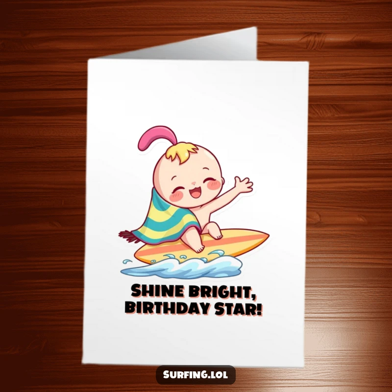 Funny Free Printable Birthday Card: Joyful character playfully wipes surfboard with a colorful towel, post-surf chill vibes.