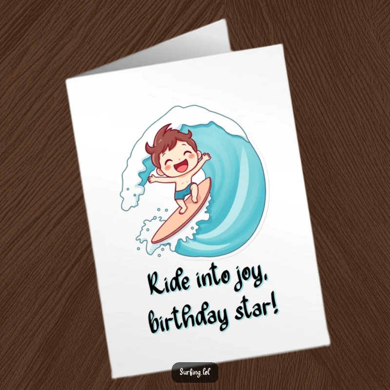 Funny free printable birthday card showing a cute character gleefully surfing a giant wave with a massive, infectious smile.