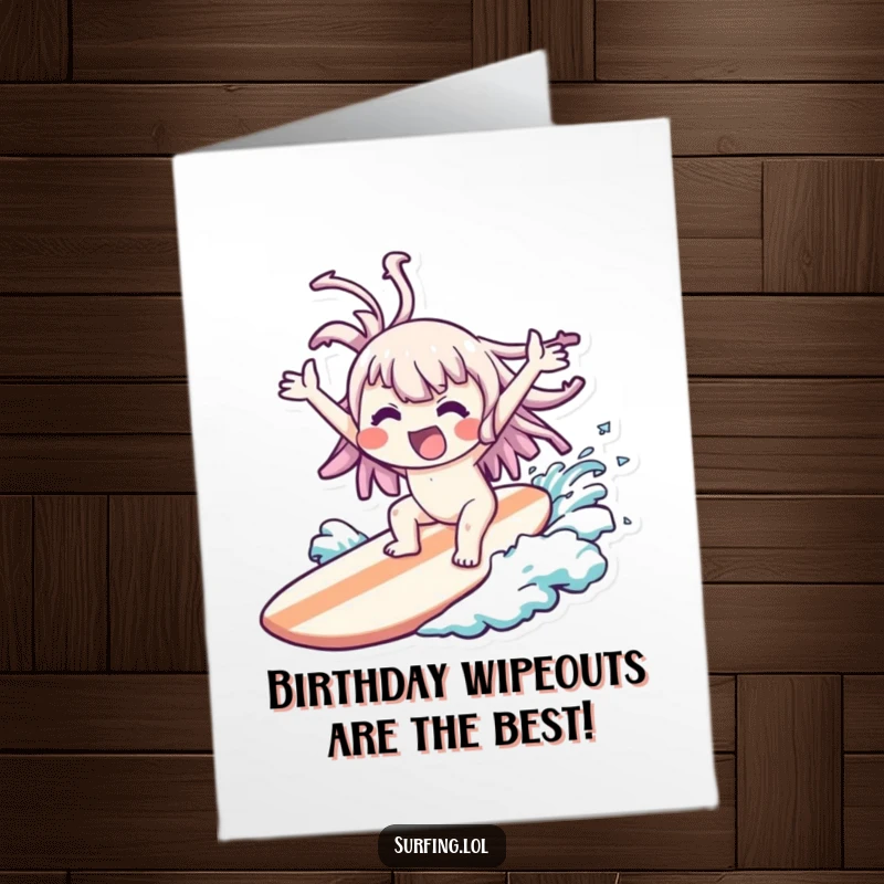 Funny free printable birthday card showing a kawaii character comically wiped out on a surfboard, flailing arms joyfully mid-splash.