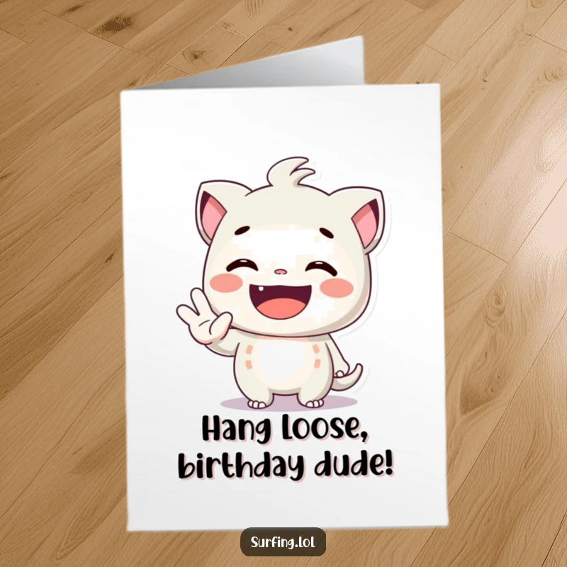Funny free printable birthday card: a character flashes a huge grin while giving the shaka sign, radiating positive energy.