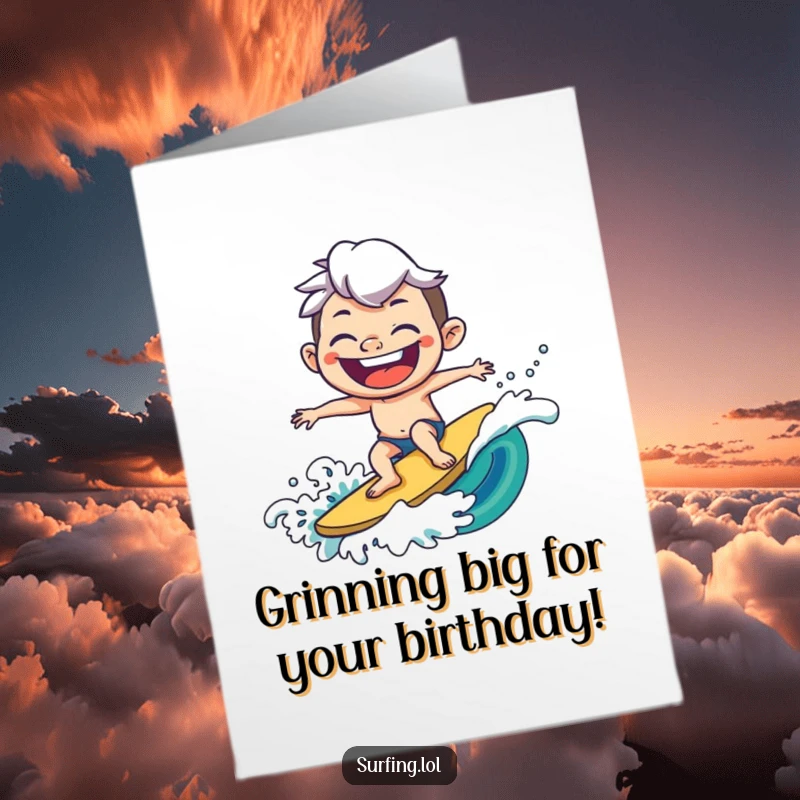 Funny Free Printable Birthday Card: Joyful character surfs a wave with a goofy, exaggerated grin on their birthday.
