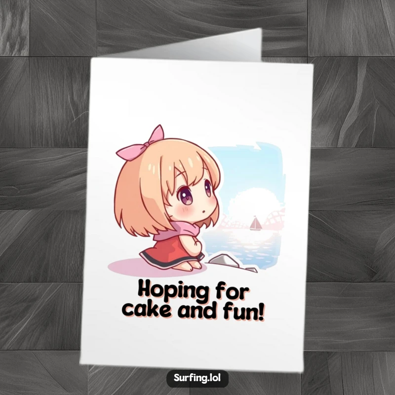 Free Printable Birthday Card: Character gazes hopefully towards a distant shore, symbolizing new beginnings and dreams.