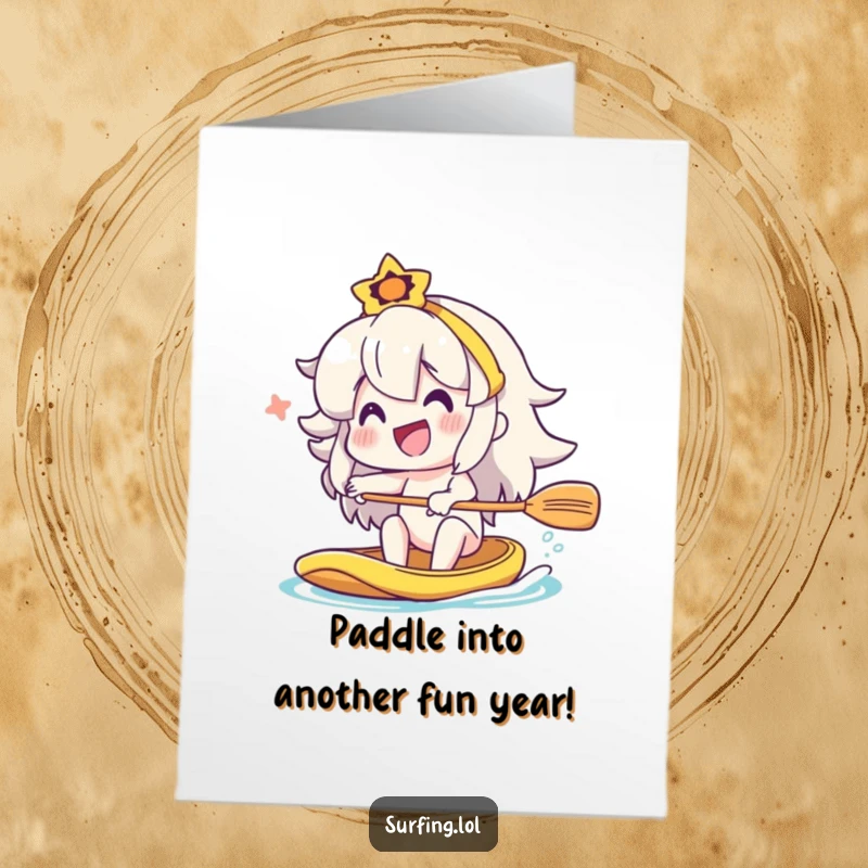 Funny Free Printable Birthday Card: A character paddles with infectious enthusiasm and a massive smile, embodying pure birthday joy in this design.