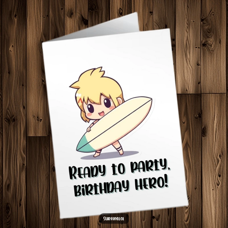Funny Free Printable Birthday Card: Cute character holds surfboard like a shield, ready for birthday action, brave and bold.