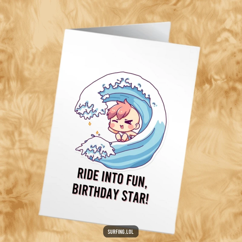 Funny Free Printable Birthday Card: Character sliding down a wave with a playful, mischievous wink, celebrating a birthday, downloadable gift.