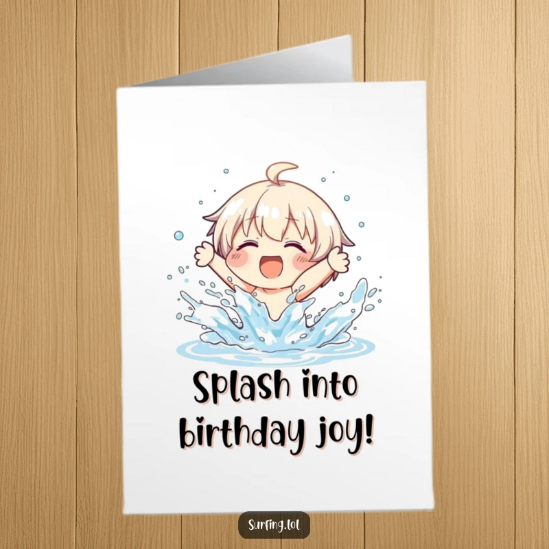 Funny Free Printable Birthday Card: Character joyfully wiping out on a surfboard, surrounded by splashing water, embracing the fun.