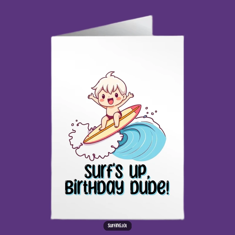 Free Printable Birthday Card: Surfing Character Rides Wave, Downloadable Birthday Bash Fun!