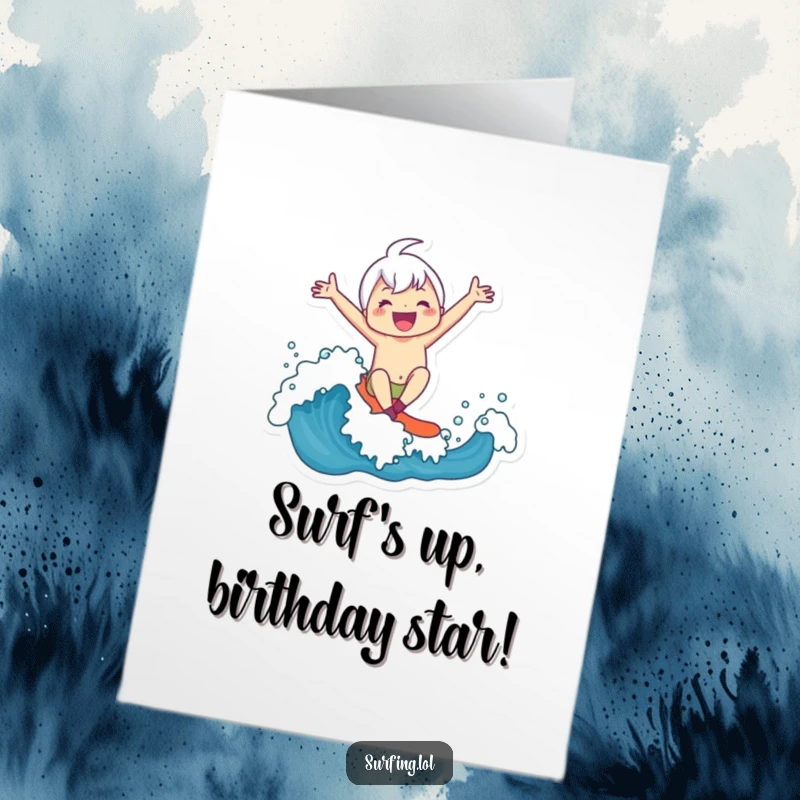 Funny Free Printable Birthday Card featuring a cute character joyfully riding a big wave with arms wide open.