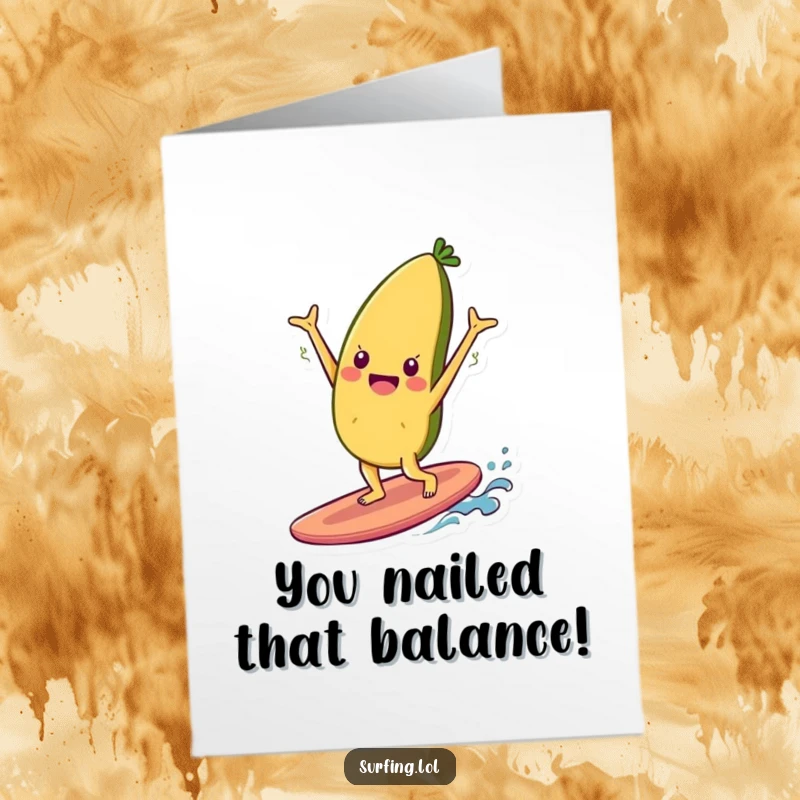 Funny Free Printable Congratulations card: A cheerful food character performs a perfect handstand on a surfboard, celebrating victory.