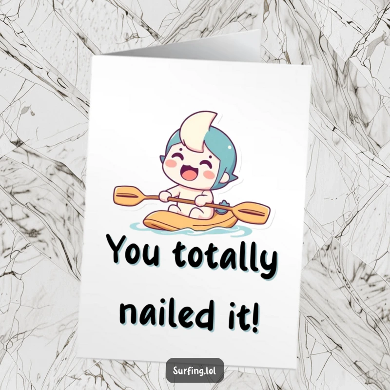 Funny Free Printable Congratulations Card: Go-getter character paddling intensely, celebrating a big win. A humorous downloadable greeting.