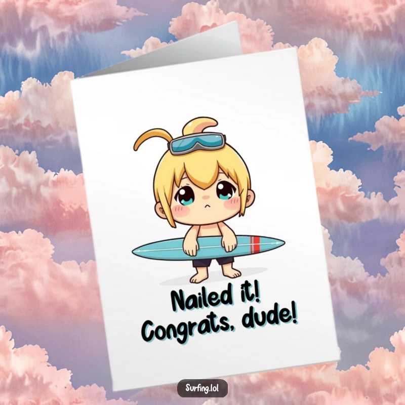 Funny Free Printable Congratulations Card: A character shows incredible focus, balancing a surfboard perfectly on their nose.