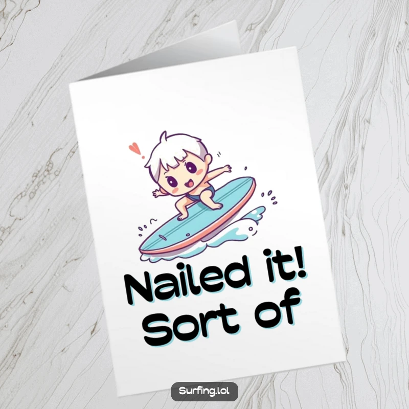 Funny Free Printable Congrats Card showcasing a small character comically tripping off a surfboard, perfect for congratulations.