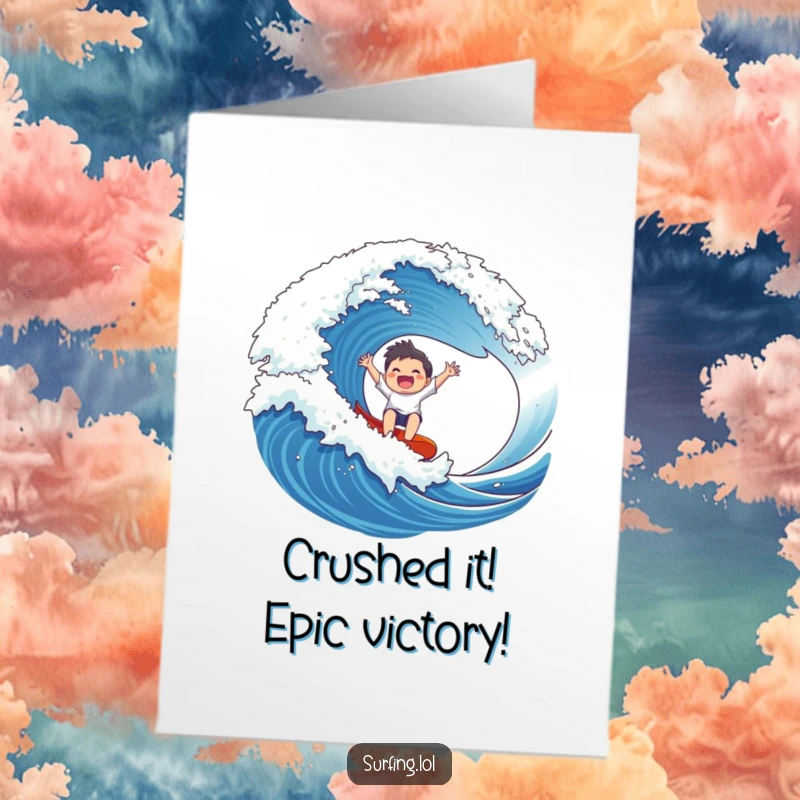 Funny Free Printable Congratulations Card: Character gleefully riding a massive wave, arms outstretched, celebrating a win.