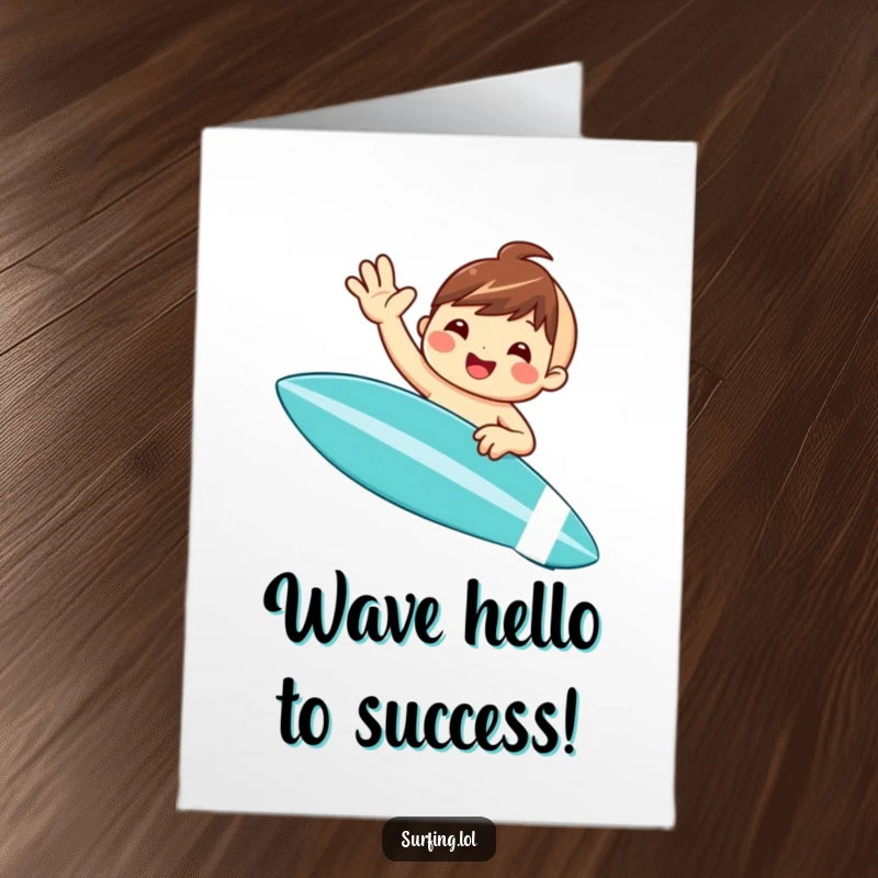 Funny Free Printable Congrats Card: A cheerful surfer waves enthusiastically from their board, celebrating your amazing accomplishment with a big grin.