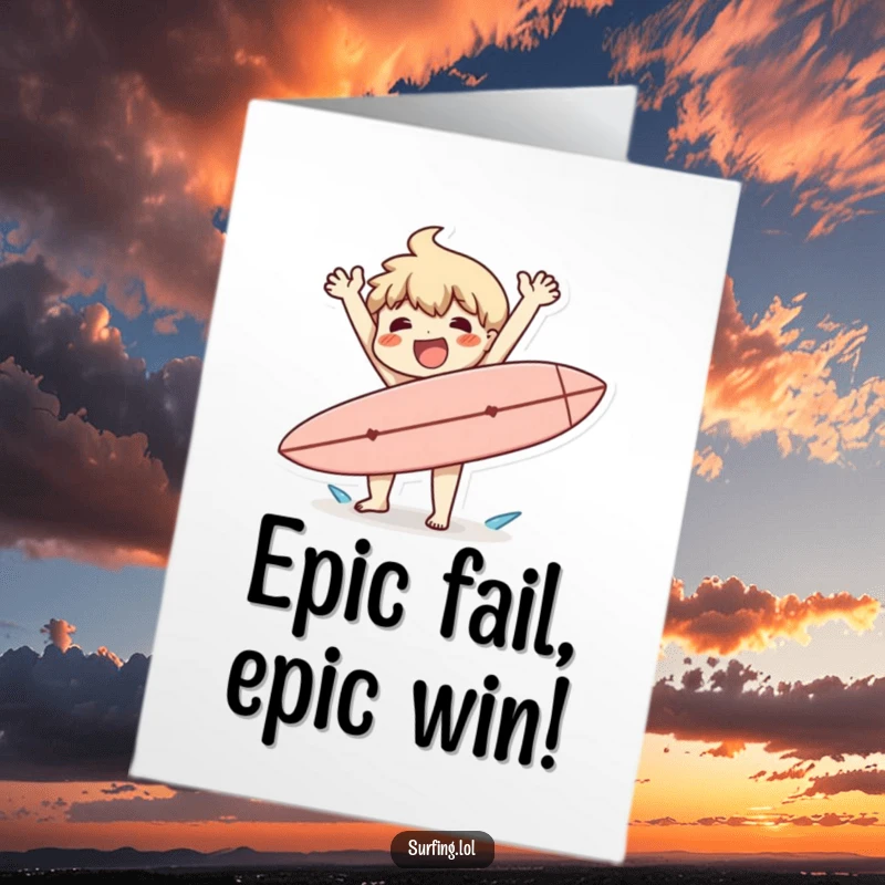 Funny free printable congratulations card: a character gleefully drops their surfboard, arms flailing in a happy, clumsy moment.