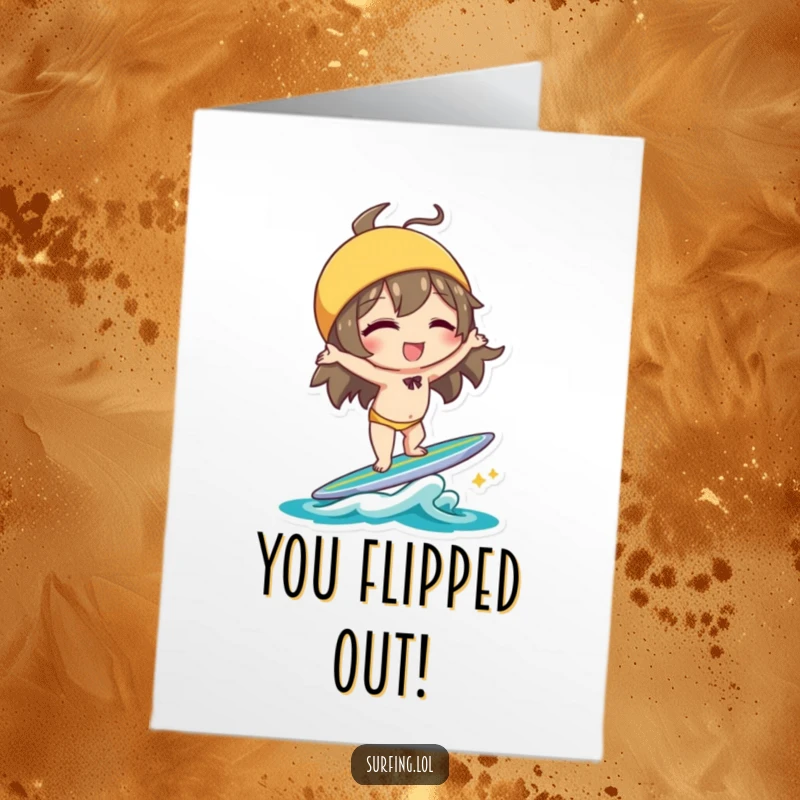 Free printable congratulatory card of a character winking while perfectly balancing in a handstand on a surfboard, celebrating success.
