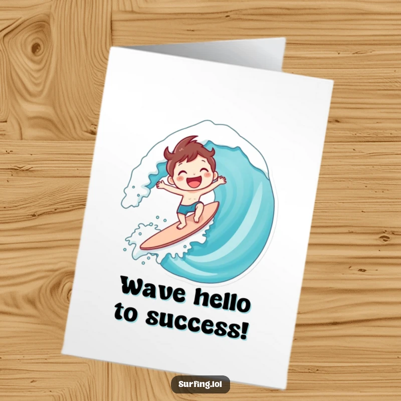Free printable congratulatory card featuring a delighted character riding a colossal wave with an ecstatic grin, celebrating success.