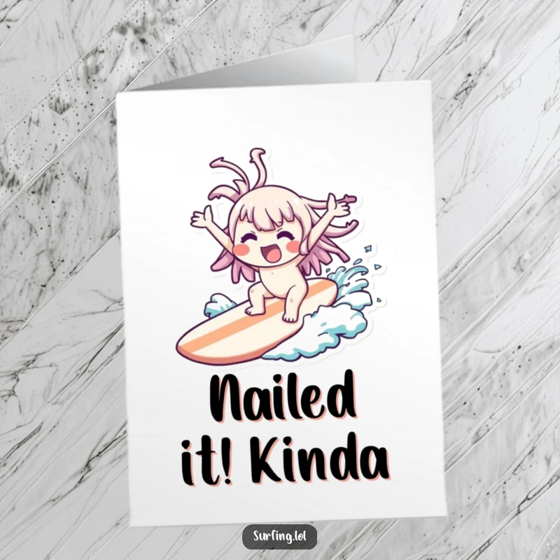 Free printable congratulatory card of a cute character hilariously wiped out on a surfboard, flailing arms with comical joy.