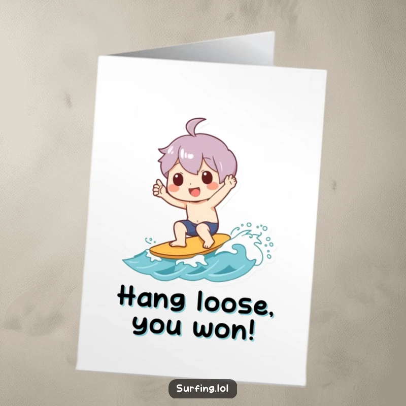 Free Printable Congratulations Card: Character joyfully giving a shaka sign while riding a small wave, celebrating success.