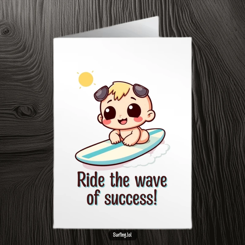 Funny Free Printable Congratulations Card: Character chilling on a surfboard, celebrating a big win with a relaxed, happy expression.
