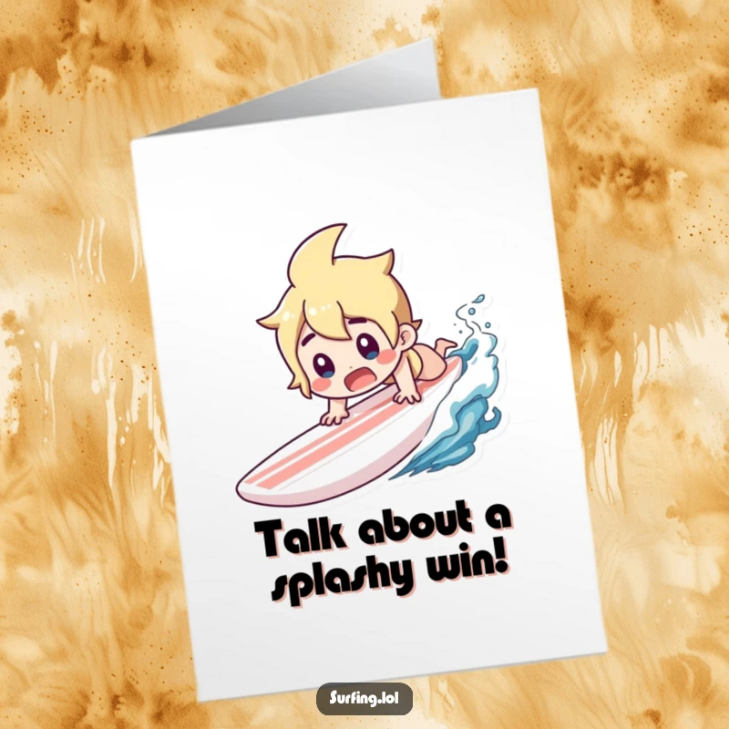 Funny Free Printable Congratulations Card: Character dives headfirst off a surfboard, their face a picture of pure surprise.