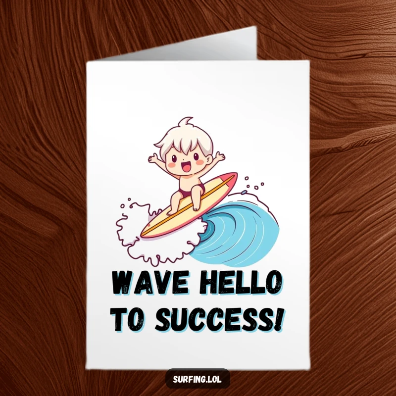 Funny Free Printable Congratulations Card: A cute character expertly balances on a surfboard while riding a magnificent ocean wave.