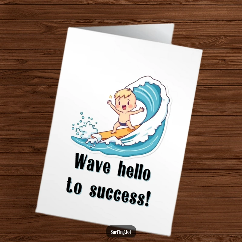 Funny Free Printable Congrats Card: Charming figure dances joyfully after successfully catching a wave, a celebratory gift.