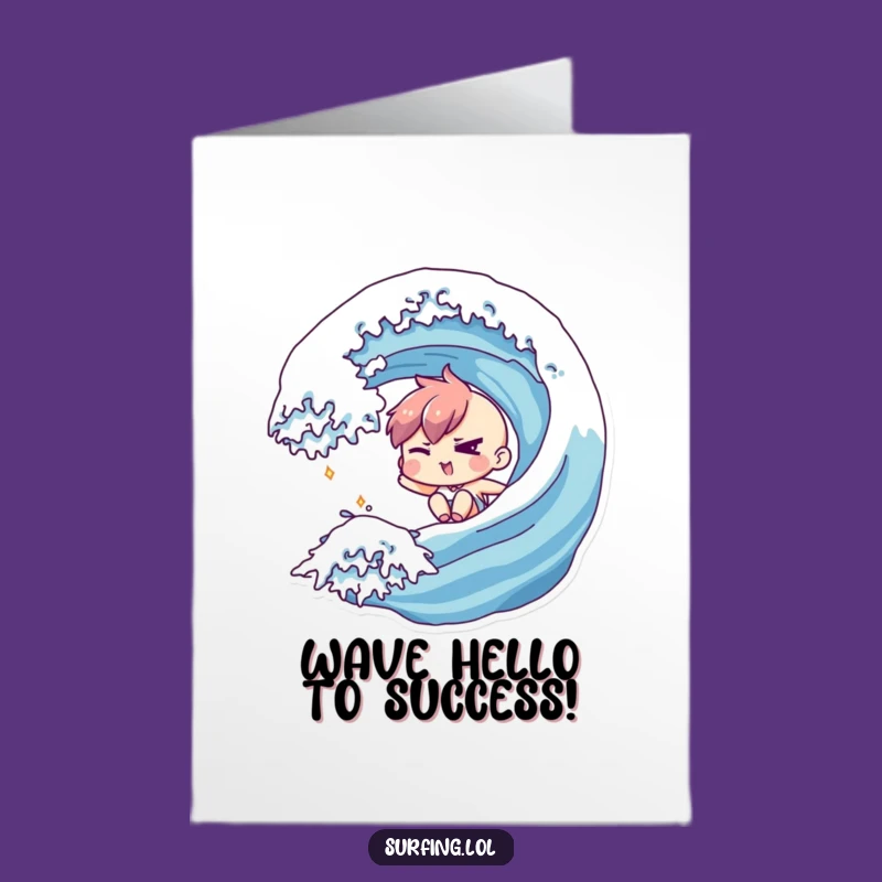 Free Printable Congrats Card: Winking Surfer, Mischievous Wave, Downloadable Success