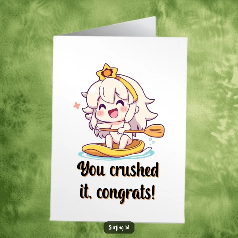 Funny Free Printable Congratulations Card: A happy character paddles vigorously with a big smile, celebrating success in this cheerful downloadable design.