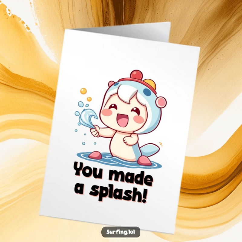 Funny Free Printable Congratulations Card: A kawaii character joyfully smiles while catching a burst of colorful, refreshing sea spray.