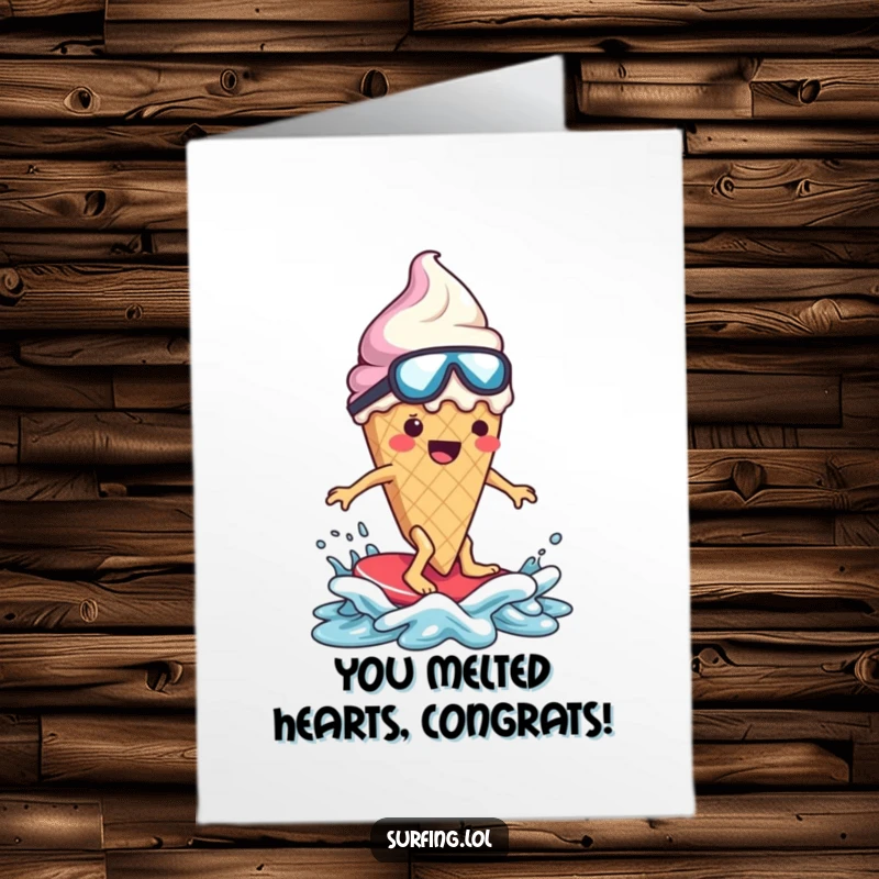 Funny Free Printable Congrats Card: Ice cream cone character melting dramatically while wiping out while surfing. Congratulations!