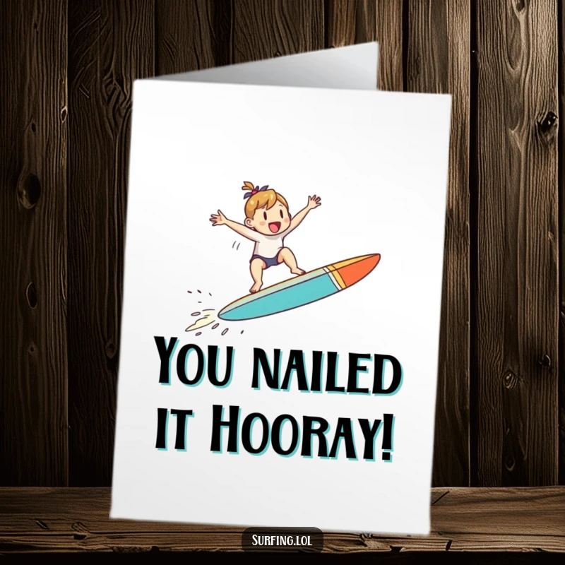 Funny Free Printable Congratulations Card: a small character mid-air, jumping for joy on a surfboard.