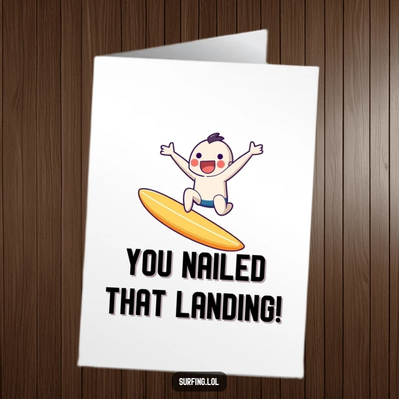 Funny Free Printable Congratulations Card: A tiny character performs an ecstatic mid-air leap from a surfboard, celebrating victory.