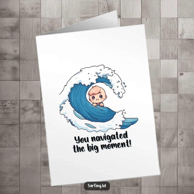 Funny free printable congratulations card showing a tiny character emerging from a crashing wave with exciting curiosity.