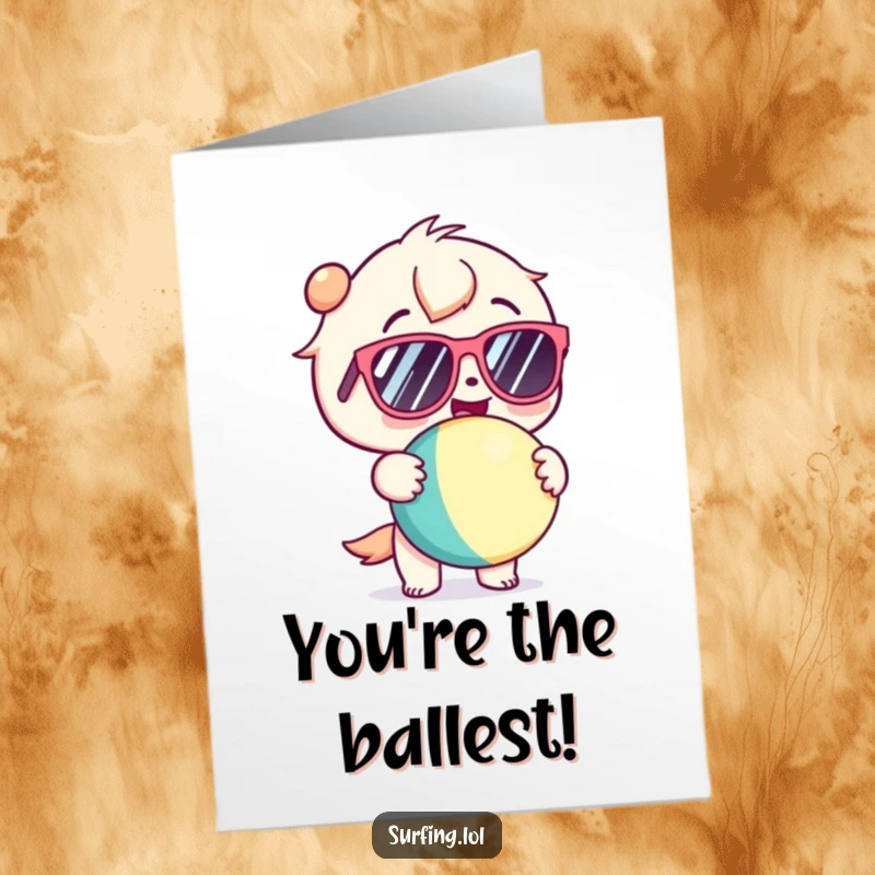 Funny Free Printable Congrats Card with a cute kawaii character in sunglasses holding a beach ball with glee.