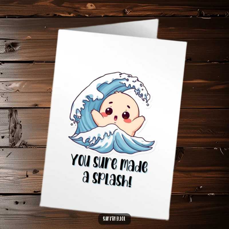 Funny Free Printable Congratulations Card: Chubby character with a surprised face being tossed by a playful wave, a metaphor for overcoming obstacles.