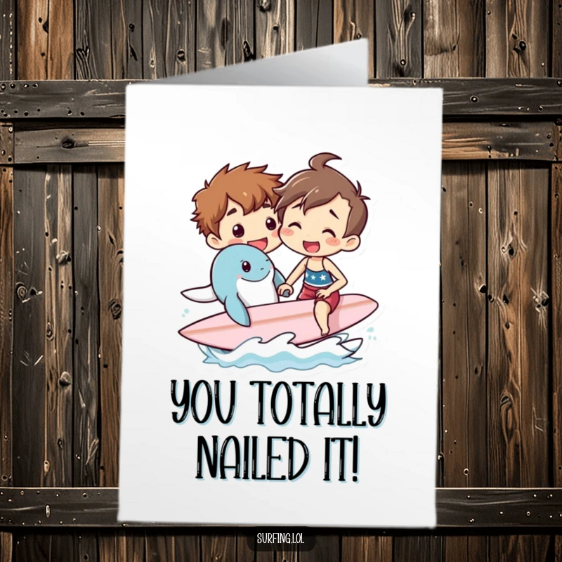 Funny Free Printable Congrats Card: A surfer gives a friendly sea creature a surf lesson, celebrating their success with shared stoke.