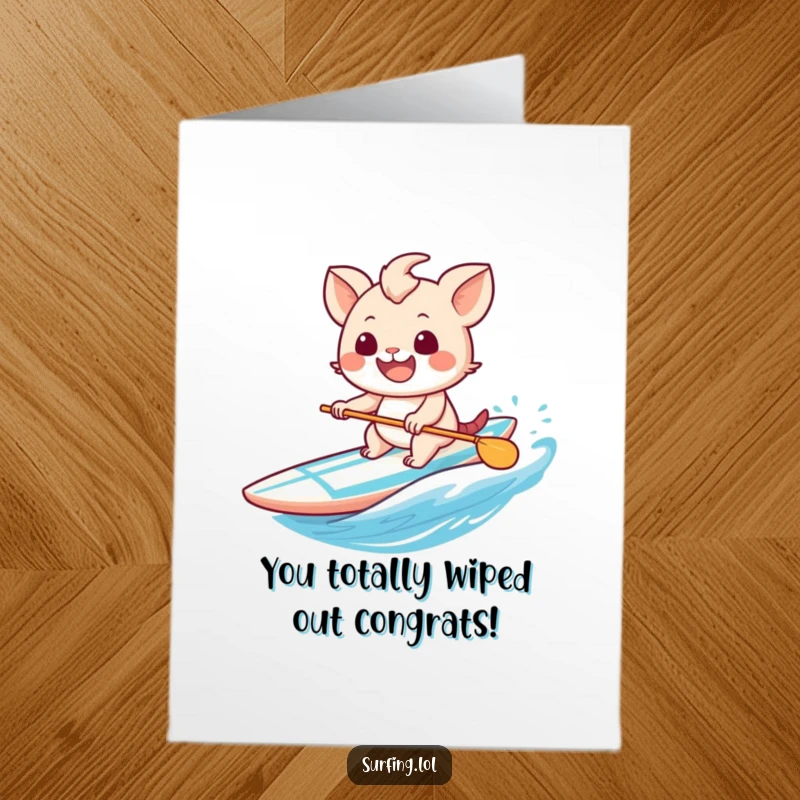 Funny Free Printable Congratulations Card showing a happy creature confidently surfing, celebrating new beginnings with a big smile.