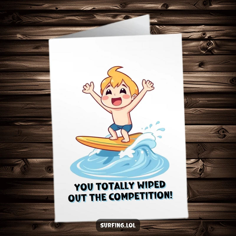 Funny Free Printable Congrats Card: Character emerging from water on a surfboard with a loud, joyful shout, celebrating success, downloadable.