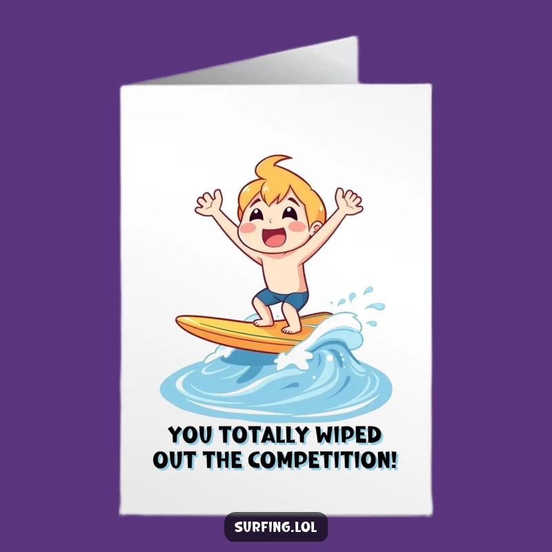 Free Printable Congrats Card: Surfing Character, Joyful Shout, Downloadable Achievement