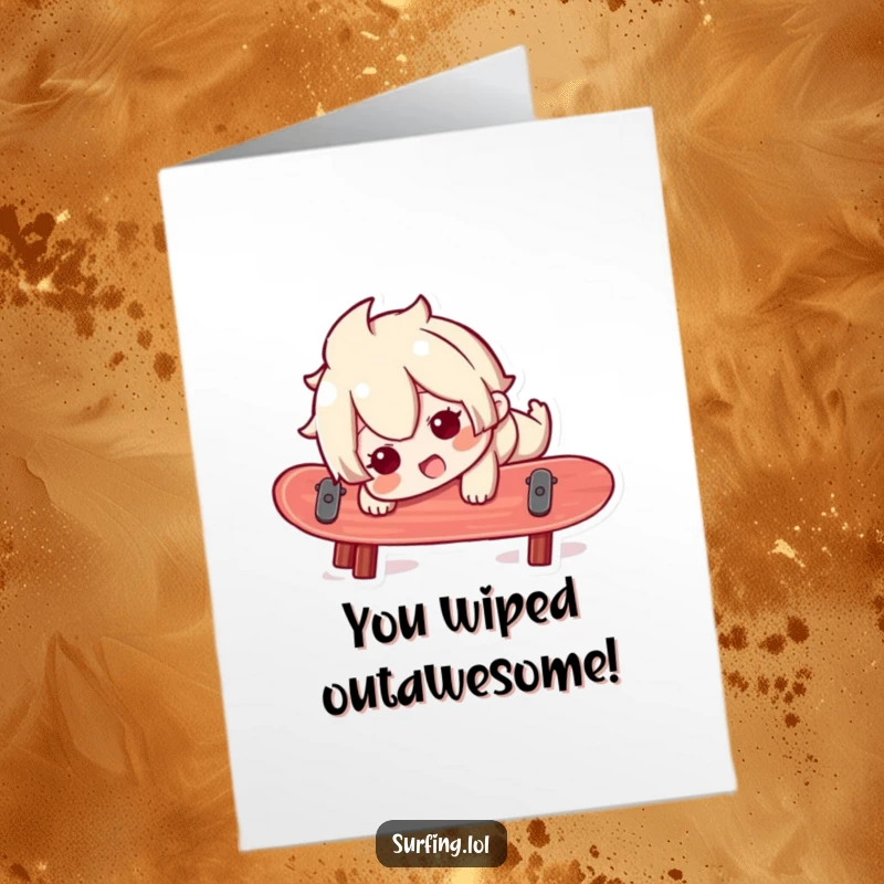 Funny Free Printable Congrats Card: A character on a surfboard looks surprised but happy while almost falling off, capturing life's adventures.