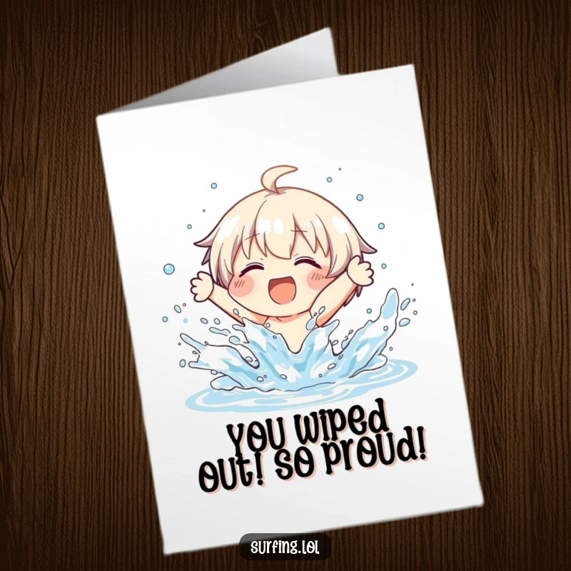 Funny Free Printable Congratulations Card: Character wiping out with a huge smile, water splashing everywhere, celebrating the messy fun.