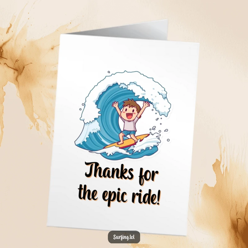 Funny Free Printable Thank You Card: A delighted surfer cheering triumphantly after successfully navigating a colossal ocean wave.