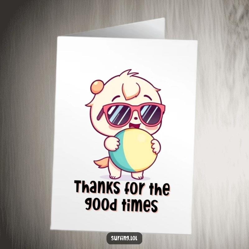Funny Free Printable Thank You Card featuring a kawaii character wearing sunglasses and holding a beach ball joyfully.