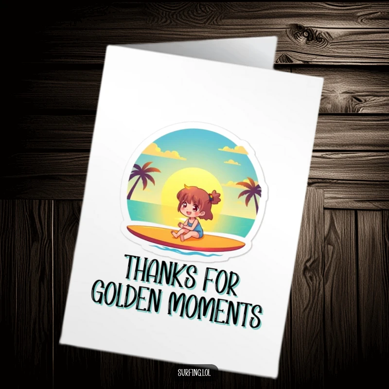 Funny Free Printable Thank You Card: A character on a surfboard enjoys a serene sunset, a peaceful way to express thanks.