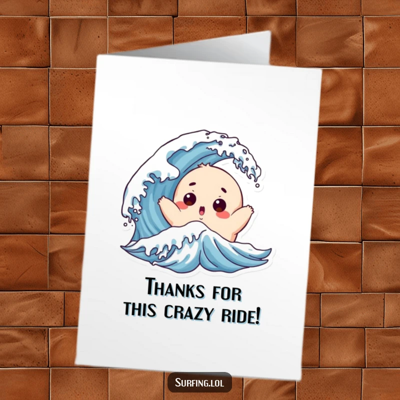 Funny Free Printable Thank You Card: Chubby character with a surprised face being playfully tossed by a wave, expressing thanks.