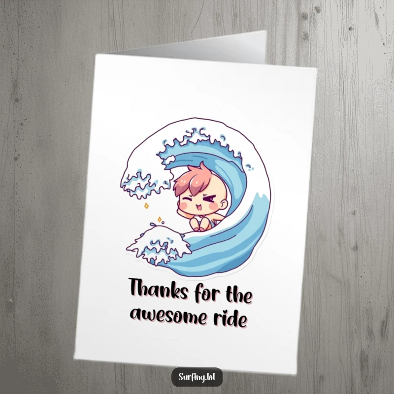 Funny Free Printable Thank You Card: Character sliding down a wave, giving a mischievous wink, expressing thanks, downloadable.