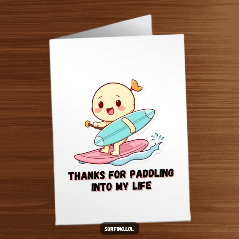 Funny Free Printable Thank You Card: Cheerful character enthusiastically paddles a tiny surfboard, expressing thanks.