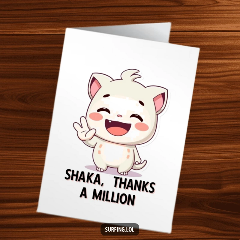 Funny free printable thank you card: a character gives a huge grin and a shaka sign, expressing chill gratitude.