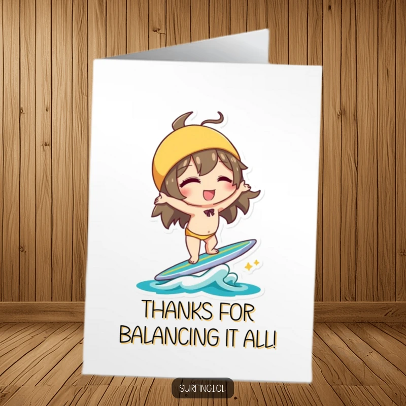 Funny free printable thank you card of a character winking and doing a handstand on a surfboard, expressing thanks with playful skill.